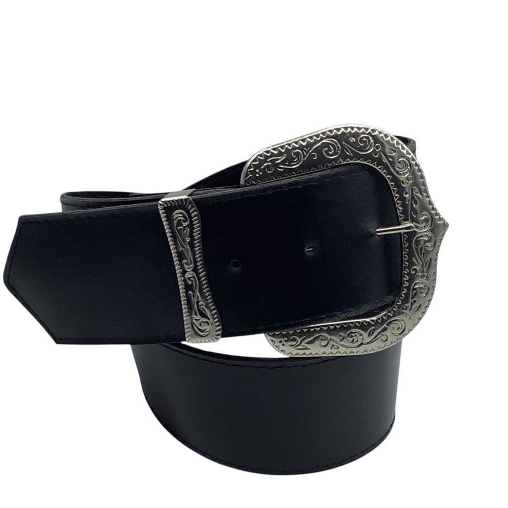 Vtg Black Western Style Belt Ornate Silver Buckle 25-29” Waist 2" Wide